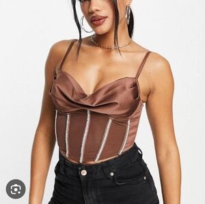 ASOS Brown Rhinestone Studded Cropped Corset Size 6 Indie Sleaze Y2K